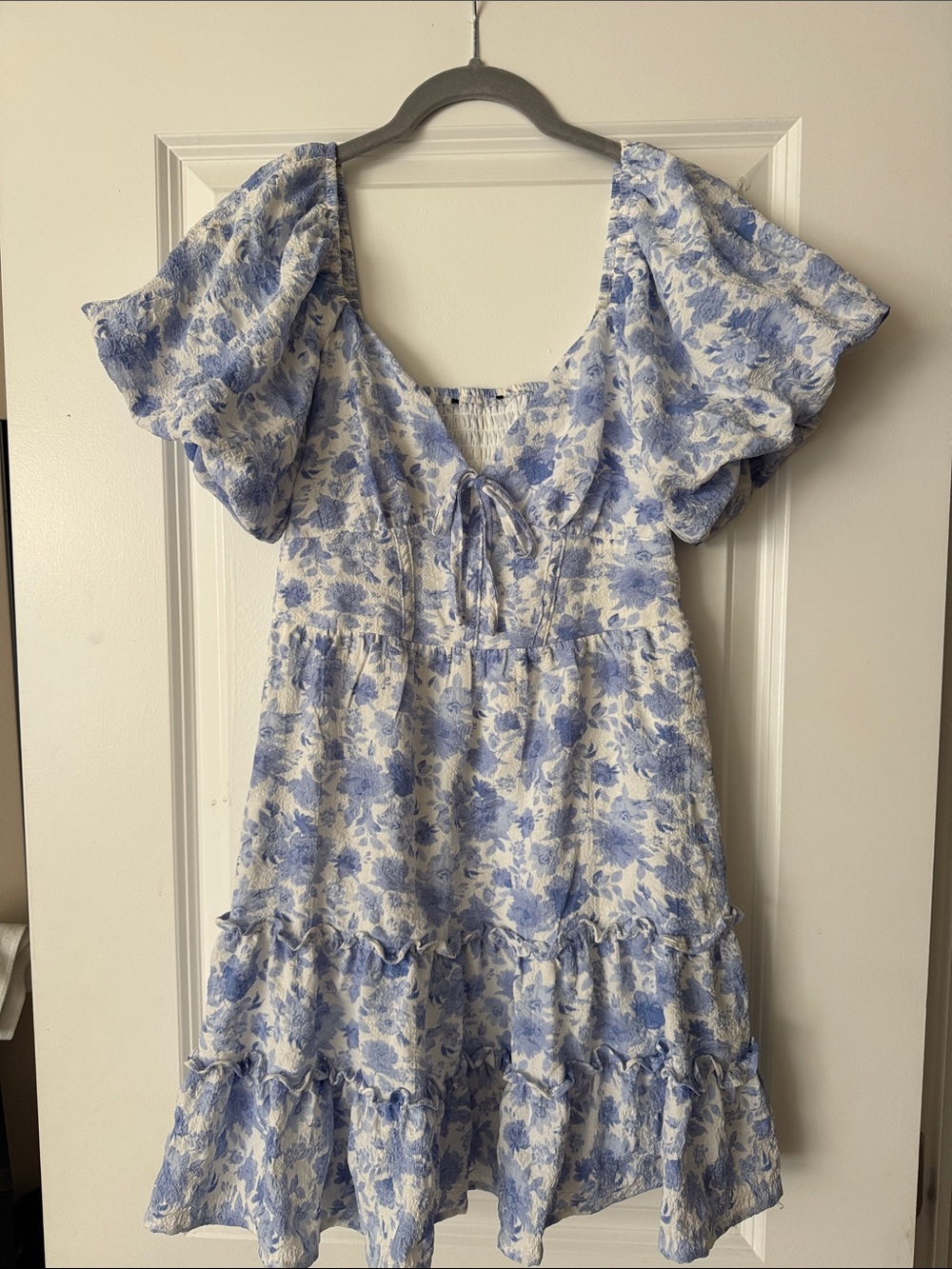 Blue Floral Tiered Puff-Sleeve Sundress